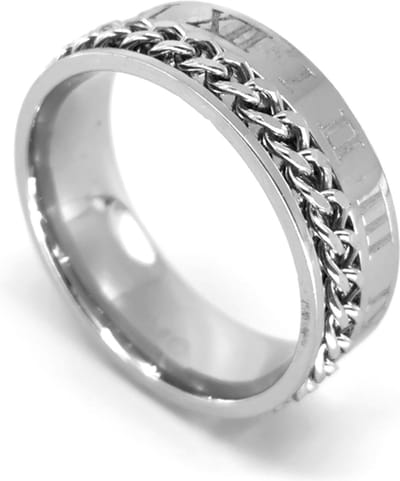 Stoer RVS brede - Anti stress ringen - maat 23 - met los schakel ketting aan de ene zijde en romeinse cijfers. ( Anxiety ring kun je je gedachten verzetten en weer even tot rust komen.
