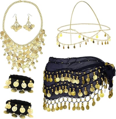 Bellydance accessoires set voor dames met chiffon taille sjaal, rok met gouden munten, sieraden en hoofdband