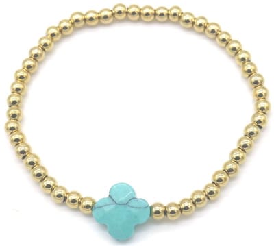 Kralenarmband - kralen - armband - elastiek - sieraad - goudkleurig - turqoise - klavertje vier - hip - trendy - tijdloos - geschenk - cadeau - feest - feestdagen - verjaardag - dames - vrouwen - unisex – heren