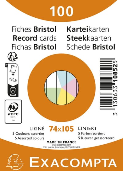 Exacompta 40x Pak 100 steekkaarten onder krimpfolie - Bristol gelijnd niet geperforeerd 74x105mm - Geassorteerd - 10852E