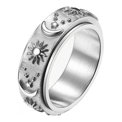 Anxiety Ring - (zon maan) - Stress Ring - Fidget Ring - Draaibare Ring - Angst Ring - Spinner Ring - Zilverkleurig RVS - (16.50 mm / maat 52)