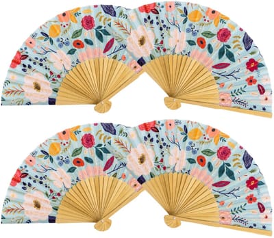 Spaanse hand waaier - 4x - bloemen - lichtblauw - 21 cm - bamboe/papier