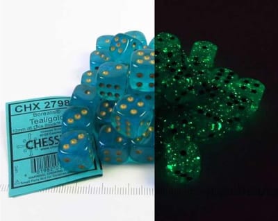 Chessex Borealis D6 12mm Teal/goud Lichtgevende Dobbelsteen Set (36 stuks)