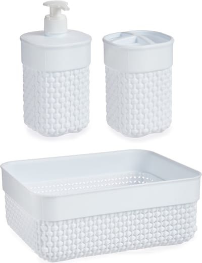 Berilo Badkamer accessoires set - 3-delig - wit - kunststof - Mandje - Zeeppompje - Tandenborstelbeker