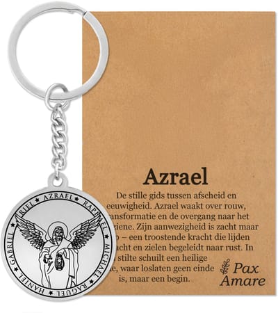 Beschermengel Azraël Sleutelhanger op Cadeau Kaartje – Spiritueel Cadeau van Roestvrij Staal – Zilverkleurig – Pax Amare