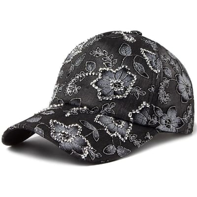 Dames Basebal Cap Stijlvolle Strass Bloemen Kant Gaas Caps Zomer Buiten Casual Zon Hoed Verstelbaar Geschikt Voor Dagelijks Gebruik Adjustable black
