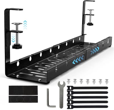 Dailygoods- Kabelgoot Zwart - Intrekbaar 30,5-55 cm - Kabelmanagement - Onderbureau - Zonder Boren - Hoogwaardig Staal - Kabelhouder