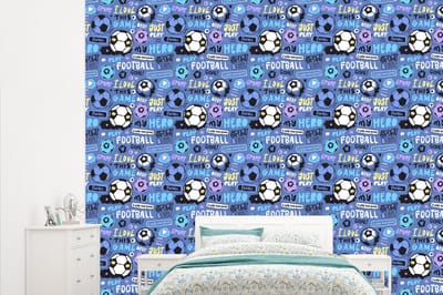 Behang - Fotobehang Patronen - Voetbal - Blauw - Jongens - Kinderen - Kids - Jongetje - Breedte 315 cm x hoogte 260 cm