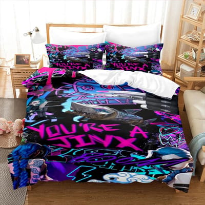 Anime Arcane Beddengoed Set JinX 3D Geprint Dekbedovertrek Set Met 1-2 Kussenslopen Eenpersoons Kingsize Game Arcane Voor Kinderen Slaapkamer voor Volwassenen Eusingle135x200cm