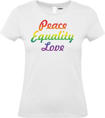 Dames T-shirt Peace Equality Love | Gay pride shirt kleding | Regenboog kleuren | LGBTQ | Wit dames | maat XS