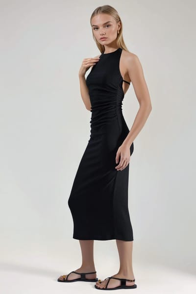 Gestructureerde Midi Bodycon Jurk met Halterkraag