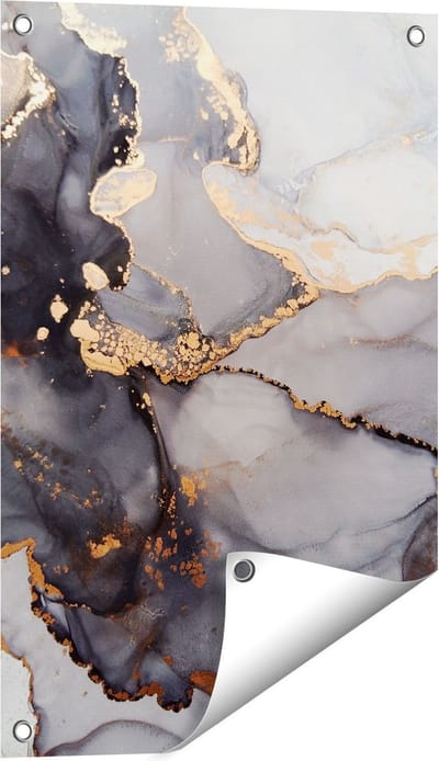 Gards Tuinposter Abstracte Kunst - Grijze Marmer met Goud - 40x60 cm - Tuindoek - Tuindecoratie - Wanddecoratie buiten - Tuinschilderij