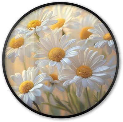 Poster in lijst Rond - Fotolijst 60x60 cm - Posters - Madeliefjes - Wit - Zonlicht - Ronde posterlijst zwart - Decoratie - Wanddecoratie woonkamer - Muurdecoratie slaapkamer