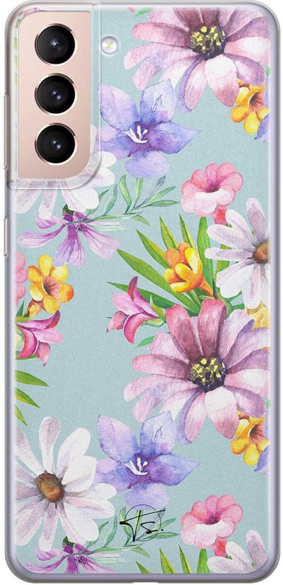 Hoesje geschikt voor Samsung Galaxy S21 Plus - Mint bloemen - Soft Case - TPU - Bloemen - Blauw - Mooie Telefoonhoesjes
