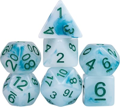 7-delige Polyedrische Dobbelstenen Set voor D&D en Rollenspellen (Blauw Wit)