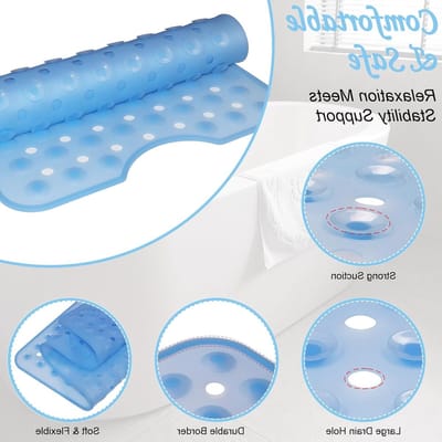 Antislip Douchemattens 90 x 40 cm met Zuignappen en Afvoergaten, Machinewasbare Badmat voor Badkuip en Vloer, Zacht en Comfortabel, Transparant Blauw Design
