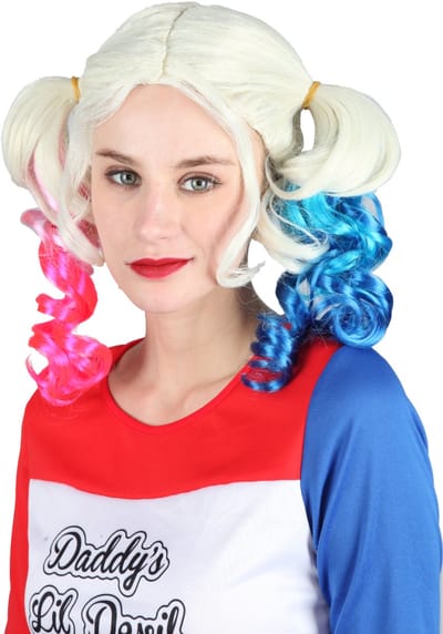 Joya Party® Harley Quinn Stijl Pruik voor Volwassenen | Blond met Rood & Blauw | Suicide Look | Carnaval en Halloween