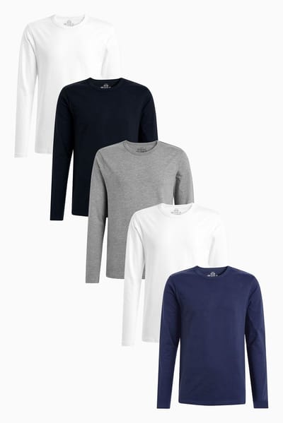 Next - Heren - Set van 5 laagjes-T-shirts met lange mouwen, slim-fit - Wit