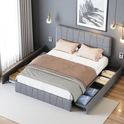Opbergbed 160x200 cm – Gestoffeerd Tweepersoonsbed met 4 Lades, Grijze Fluwelen Bekleding en Ruime Opbergruimte
