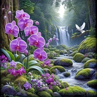 diamond painting Mountain Orchidee heel mooi vele kleuren voor aan de wand als schilderij ook leuk om kado tegeven 30 x 30 cm
