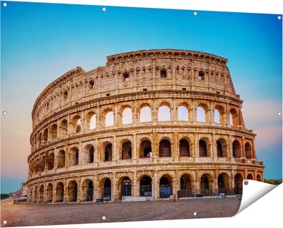 Gards Tuinposter Colosseum in Rome met de Blauwe Lucht - 150x100 cm - Tuindoek - Tuindecoratie - Wanddecoratie buiten - Tuinschilderij