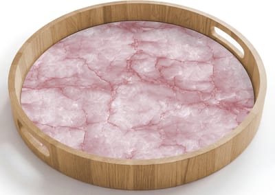 Dienblad rond 40x40 cm - Schootdienblad hout - Roze - Kwartsmarmer - Aders - Borrelplank rechthoek - Plateau houten dienbladen