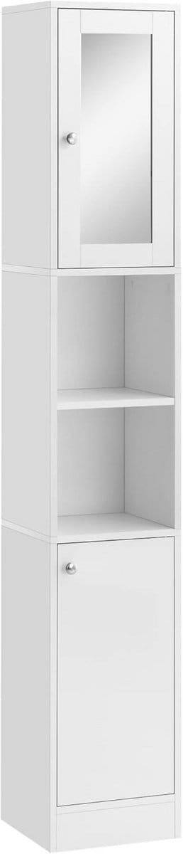 Hoge badkamerkast met spiegel, houten badkamerkolom met 2 open planken, 2 deuren en verstelbare binnenplanken, 30x28x180 cm, wit