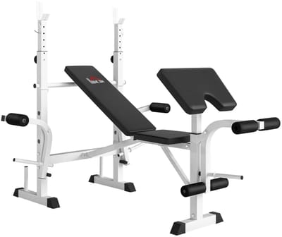 Gewichtbank met Halterrek, Borstpress, Legpress, Armleuningen - Fitness Halterbank - Fitnessbank - Bench Press Bank - Trainingsbank - in 6 standen Verstelbaar - Inklapbaar - Workout - Krachttraining - Zwart/Wit