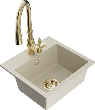 Mexen Milo granieten gootsteen 1-komorig met keukenkraan Savita, beige - 6505-69-672601-50