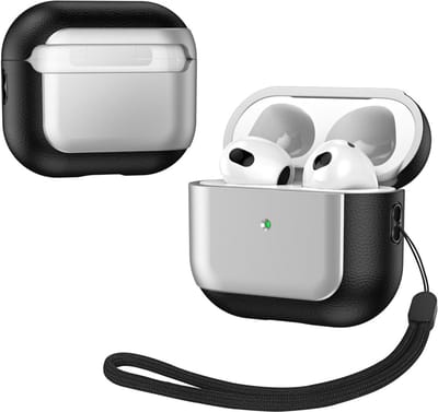 Compatibel met Airpods 3rd Gen, [voorste led zichtbaar] premium leer, stootvaste beschermhoes met omhangkoord voor dames en heren, zilver