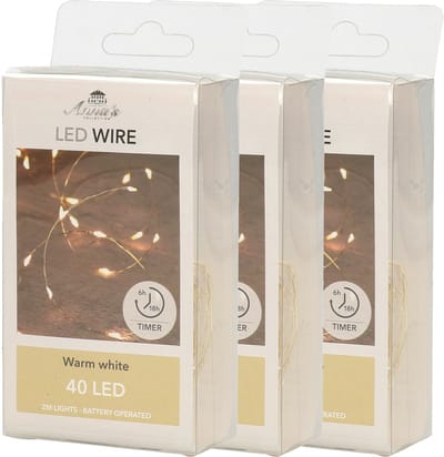 Anna's Collection Draadverlichting - 3x - goud - 40 led lampjes - warm wit - 200 cm - batterij - lichtsnoer - kerstverlichting