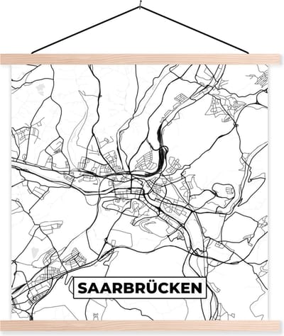 Posterhanger incl. Poster 40x40 cm - Schoolplaat - Plattegrond - Saarbrücken - Kaart - Stadskaart - Textielposter - Blanke latten - Stadskaart