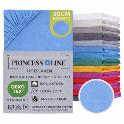 Princess Line- Comfortabel Ultra-Soft-Hoeslaken -100% katoen-Jersey -Stretch -Strijkvrij- Rondom elastiek-Hoekhoogte tot 30cm Eenpersoons -80x200-Licht Blauw