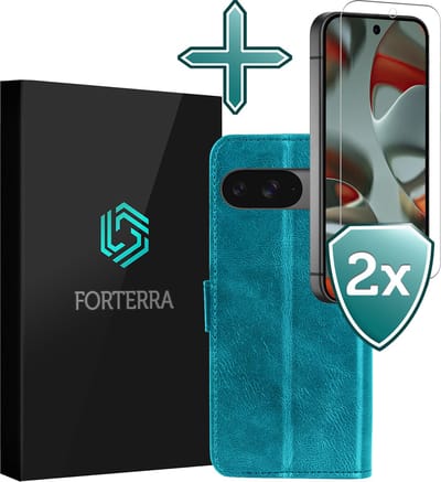 Hoesje Met 2x Screenprotector - Geschikt voor Google Pixel 9 - Luxe Pasjeshouder - Flip Case - Bookcase Portemonee - Kunstleer Book Case - Flipcase Hoes - Book Cover - Walletcase - Portemonneehoes - Turquoise
