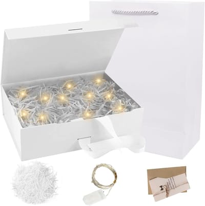 Vouwbare Cadeau Doos met Deksel, 23 x 17 x 7 cm, Magnetische Doos met Strik en LED Verlichting voor Verjaardags- en Kerstcadeaus, Inclusief Wenskaarten en Cadeauzakken