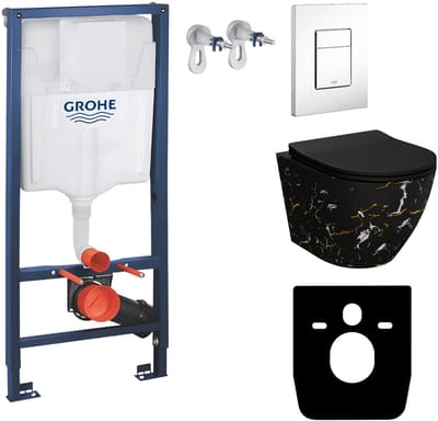 GROHE SOLIDO SOFI SLIM FIRE - Inbouwreservoir WC - Witte Even drukplaat - Mat zwart marmeren wandcloset - Toiletset