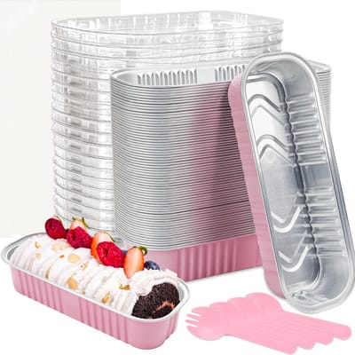 Bakvormen - Mini-broodpannen - 50 Kleine Brood en Taartvormpjes Met Deksels en Lepels - Rechthoekige Bakvormpjes Van Aluminiumfolie Herbruikbare Cupcakevormpjes Broodvormpjes Voor Taart Bruiloft Verjaardag9（roze）