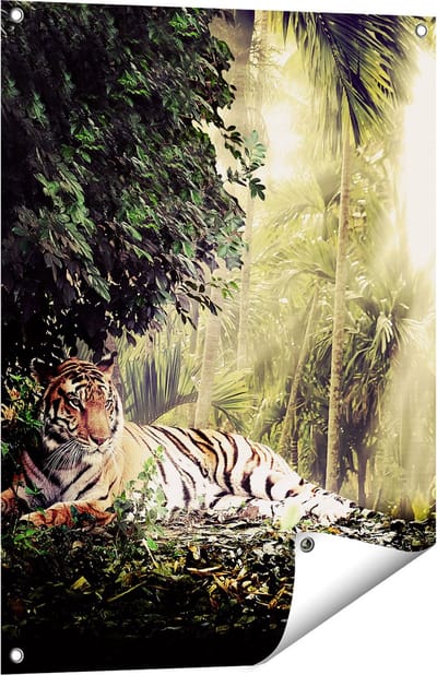 Gards Tuinposter Tijger in de Jungle met Zonneschijn - 60x80 cm - Tuindoek - Tuindecoratie - Wanddecoratie buiten - Tuinschilderij