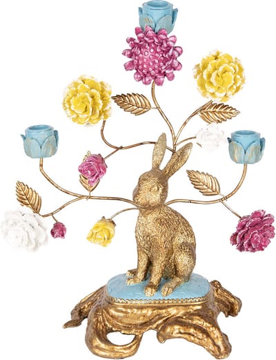 Clayre & Eef Kandelaar 30x16x37 cm Goudkleurig Kunststof Konijn Bloemen