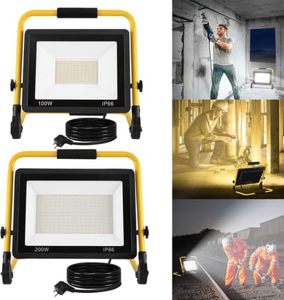 100W LED Baustrahler, 8500LM Warmwitte LED Strahler Werklicht Met Standaard & 3m Netkabel, IP66 Waterdicht Voor Garage, Werkplaats Of Bouwvak