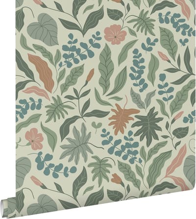ESTAhome behang bladeren en bloemen donkergroen, blauw en roze - 50 x 900 cm - 131053