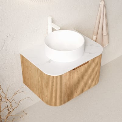 REDOM - Hangend Badkamermeubel - Met Lade En 3D-Strepen - Franse Stijl - Voor Badkamer - Keramiek En Sintersteen - Naturel Hout En Wit
