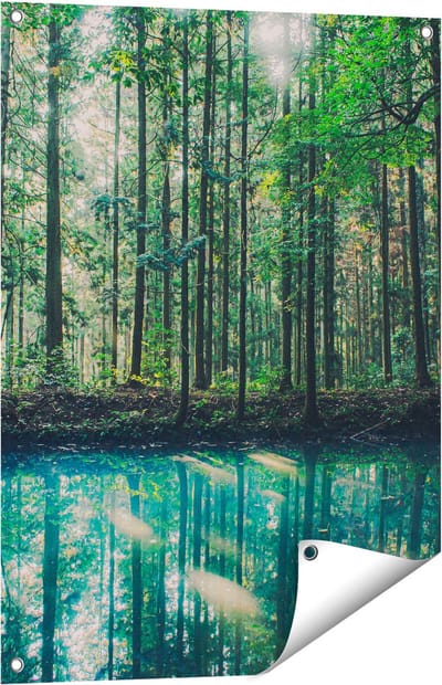 Gards Tuinposter Bos bij een Groen Meer - 60x80 cm - Tuindoek - Tuindecoratie - Wanddecoratie buiten - Tuinschilderij