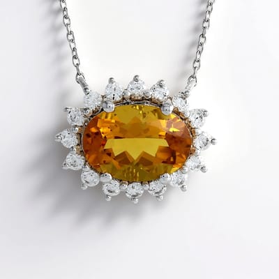 Cavill - 925 Sterling Zilver Halsketting - Platina Verguld - Braziliaanse Ovale Scapoliet 4,945 ct & 16 Ronde Zirkonia 1,456 ct - Elegant Avondsieraad