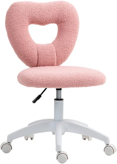 HOMCOM Bureaustoel met hartvormige rug - Draaistoel - Make-upstoel - Computerstoel - Teddy-fleece - Roze