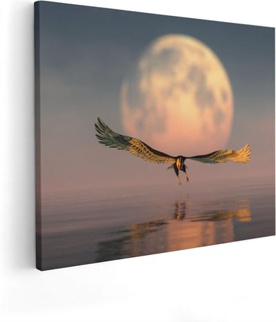 Artaza Canvas Schilderij Vogel Boven Zee - 50x40 cm - Wanddecoratie Vogels - Muurdecoratie Maan - Kamer Accessoires Woonkamer