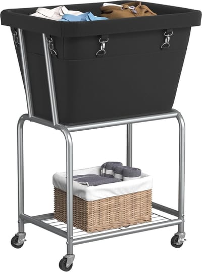Waskwagen met wielen - Rolwasserij hamer - Wasserij opslag - Afneembare tas plank - 51x40x78 cm - Zwart