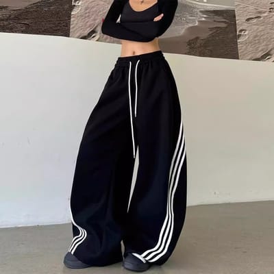Street Gestreepte Contrasterende Wijde Pijpen Broek, Garderobe Broek, Heren en Dames, Retro Elastisch Trekkoord Gedrapeerde Casual Sportbroek XL black