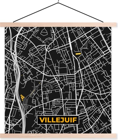 Posterhanger incl. Poster 40x40 cm - Schoolplaat - Frankrijk – Villejuif - Plattegrond – Stadskaart – Kaart - Textielposter - Blanke latten - Stadskaart