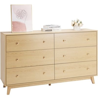 VEVOR Ladekast met 6 lades en kantelbeveiliging, minimalistische moderne ladekast (39,9 x 137,2 x 81,3 cm) Organizer ladekast voor woonkamer slaapkamer entree (licht hout)